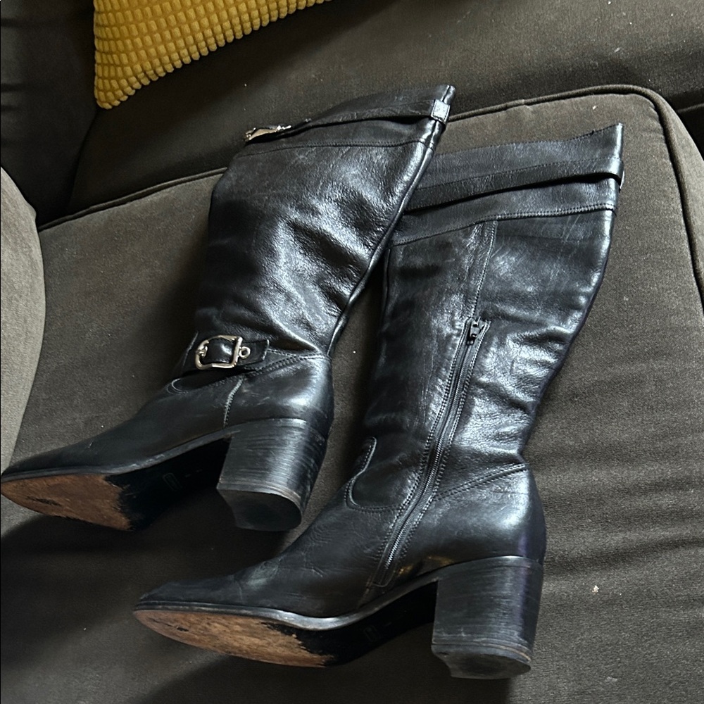 Coach Black Leather Knee-High Heeled Boots with Buckle Details - Picture 9 of 10